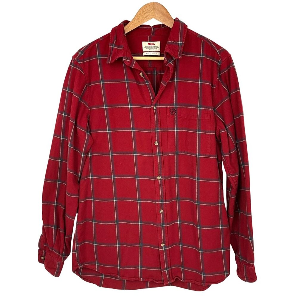 Fjallraven Ovik Comfort Shirt Mens Large Red Plaid Flannel Button Up Long Sleeve